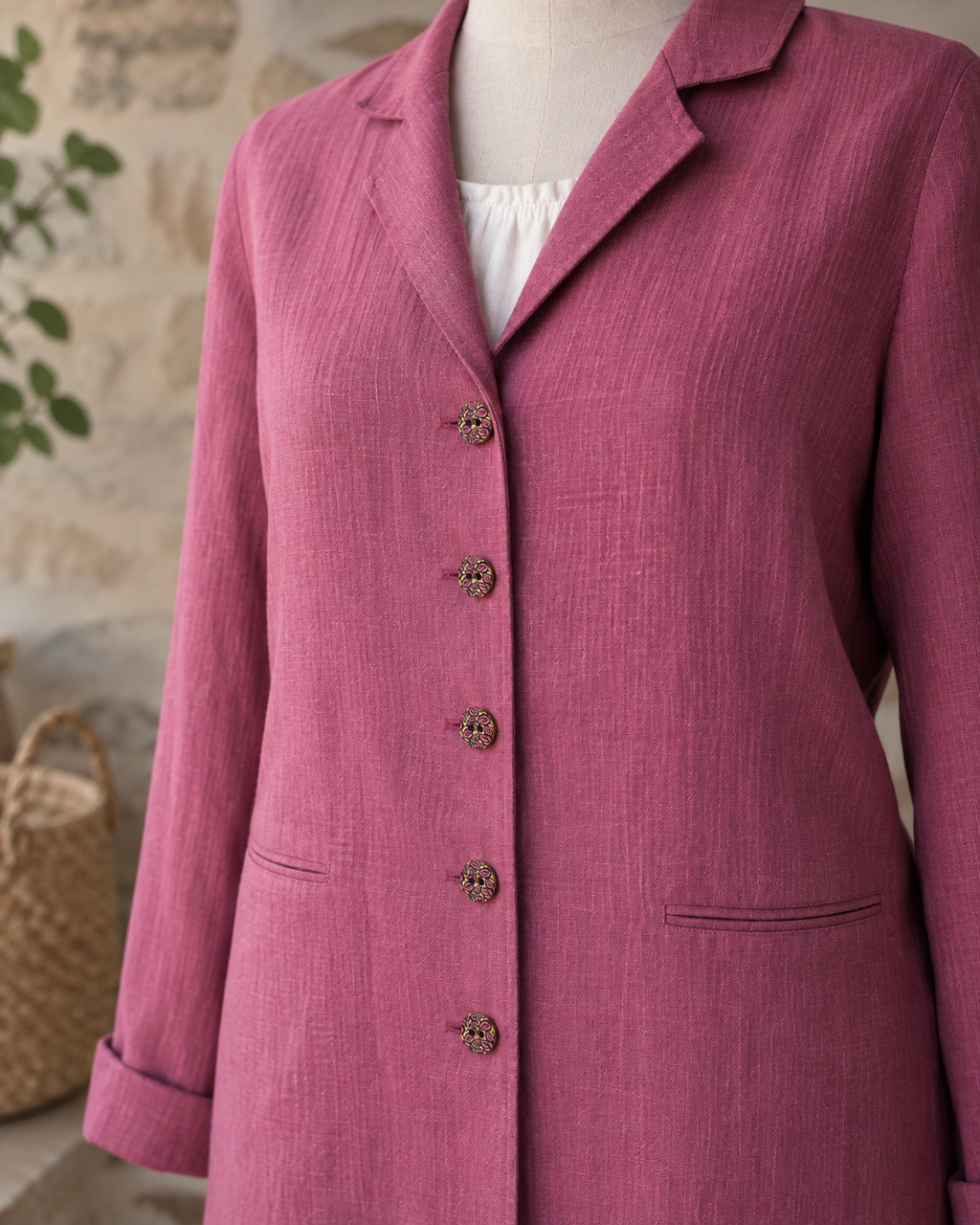 Cerise Pink Leaf Pattern Faux Wood Button – 23mm – Sold Individually