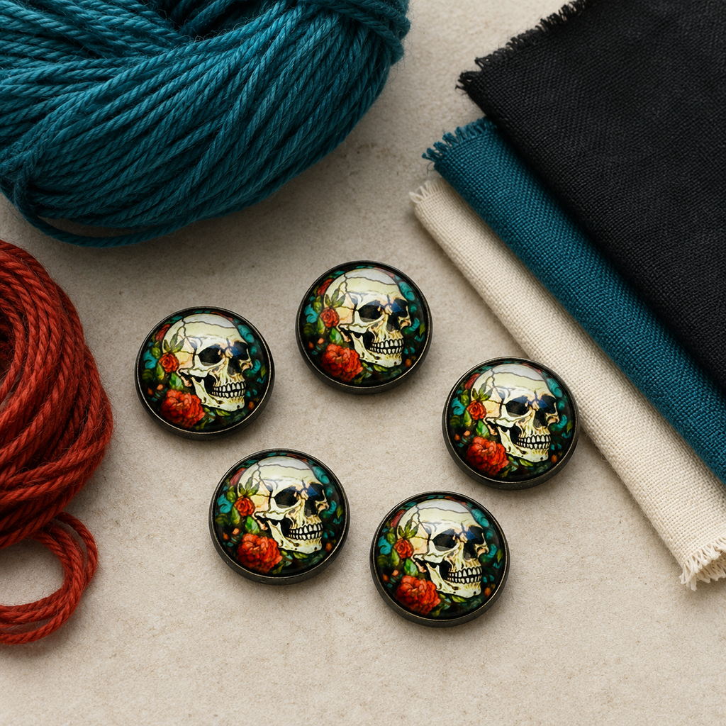 Skull and Roses Glass and Metal Button – 22mm – Single Button