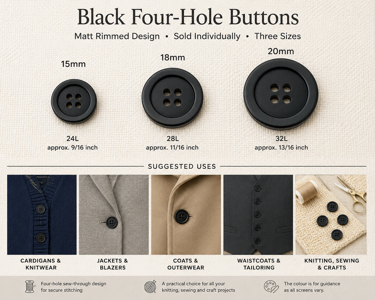 Black 4 Hole Buttons 15mm 18mm 20mm | Cardigans & Jackets
