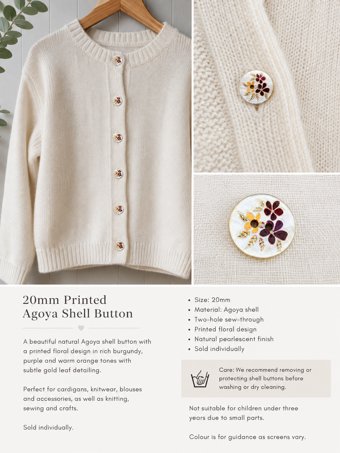 20mm Printed Agoya Shell Button – Floral Design – Sold Individually