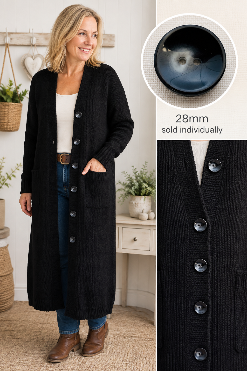 28mm Black & Grey Two-Hole Button – Sold Individually