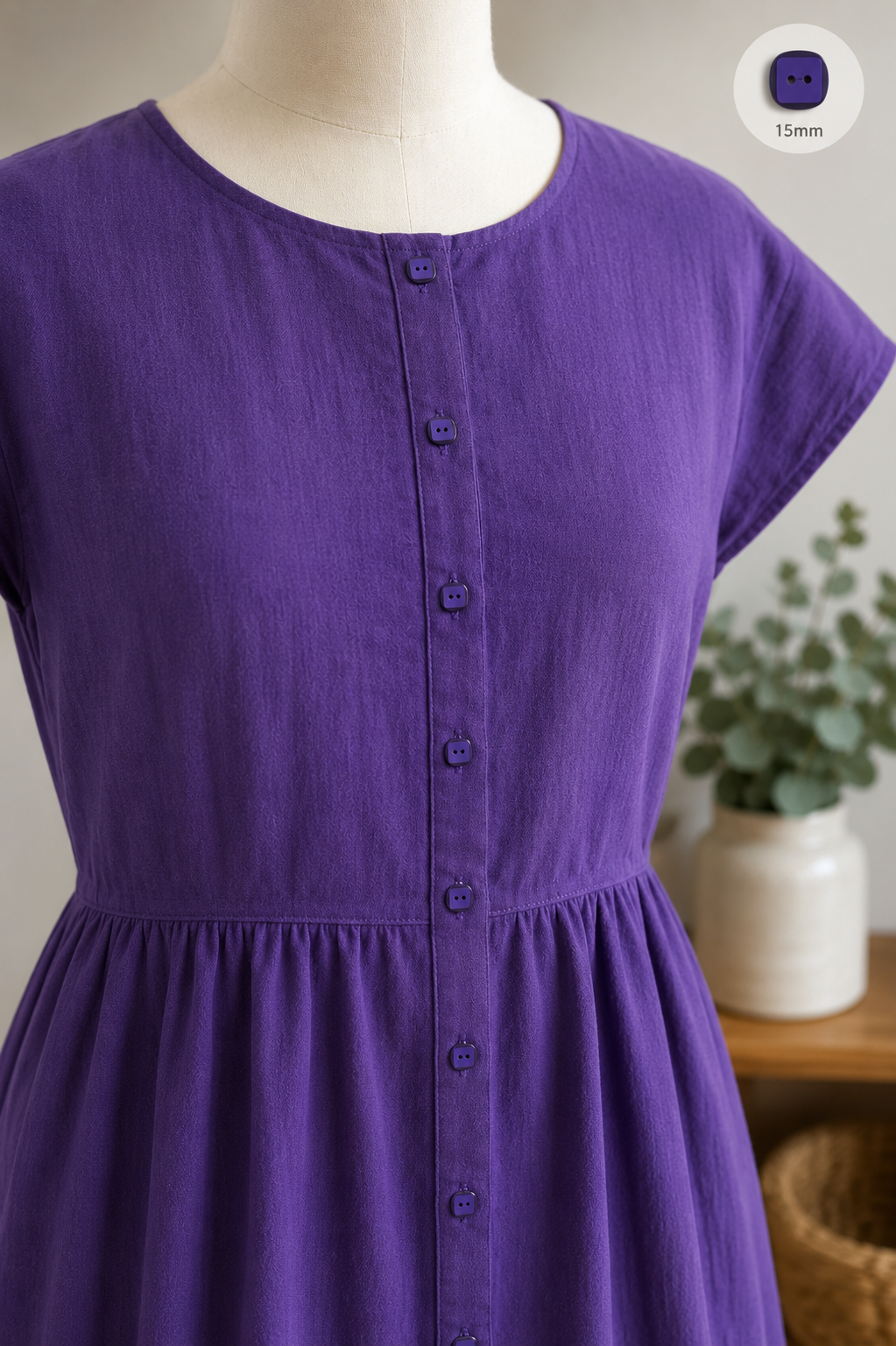 15mm Hand Dyed Purple Two Hole Button – Sold Individually
