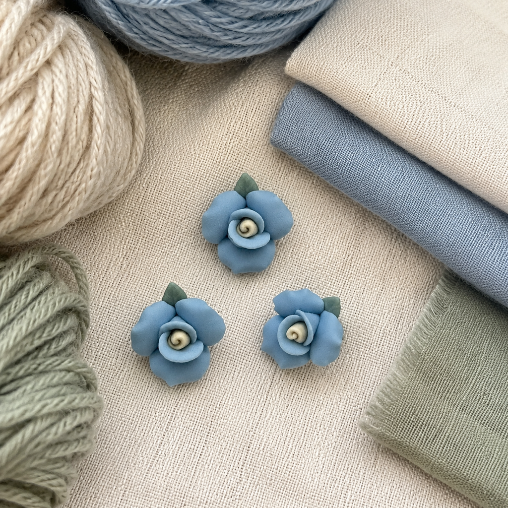 Blue Porcelain Flower Button – 17mm