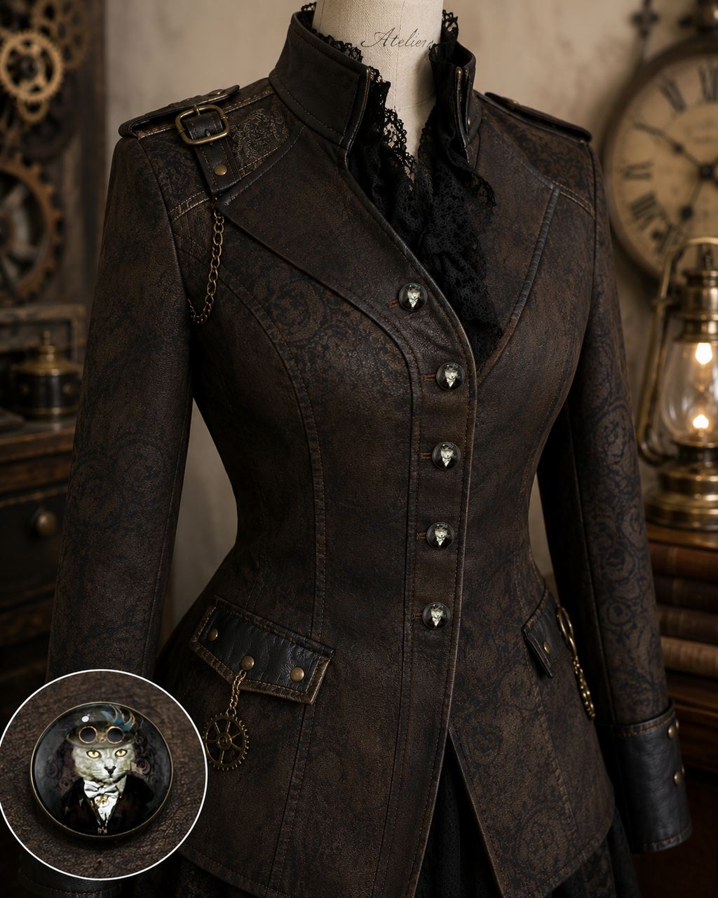 Steampunk Cat Glass Button – 22mm