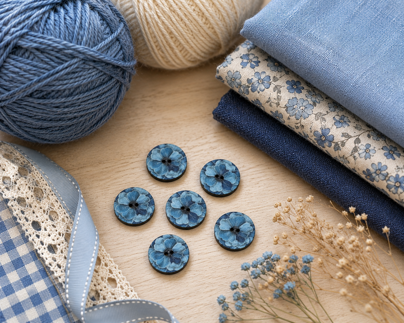 28mm blue floral buttons sold individually