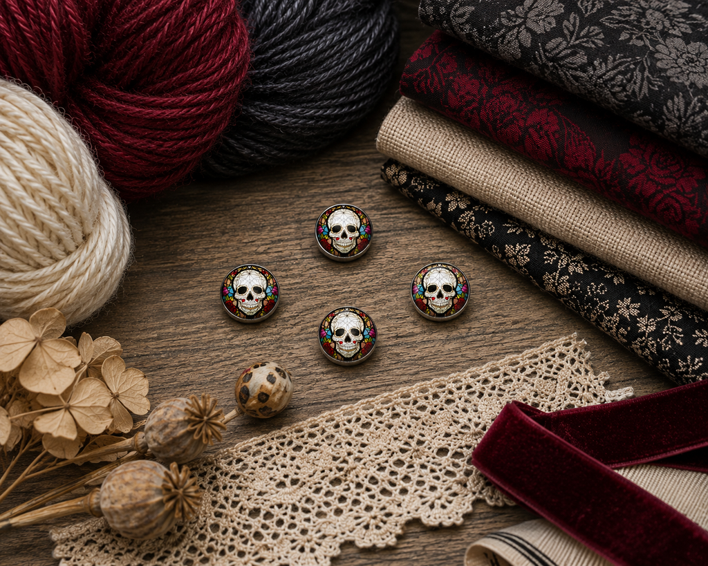 Floral Skull Glass & Metal Button – 22mm