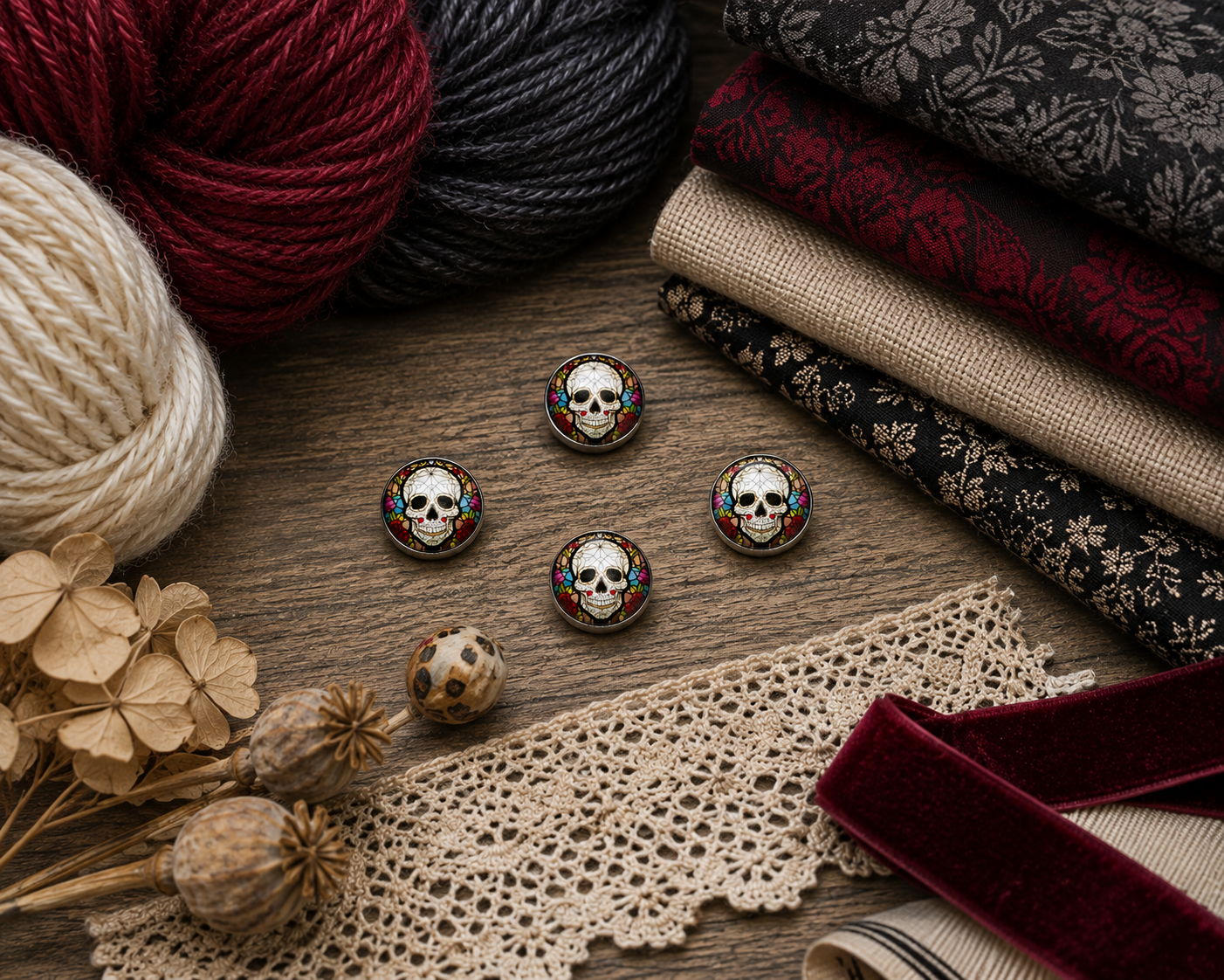 Floral Skull Glass & Metal Button – 22mm