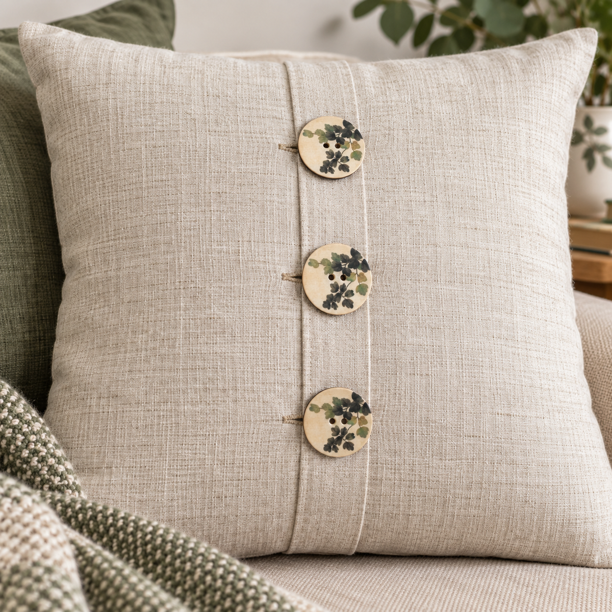 Large Botanical Leaf Button – Cream, Green & Charcoal – 35mm