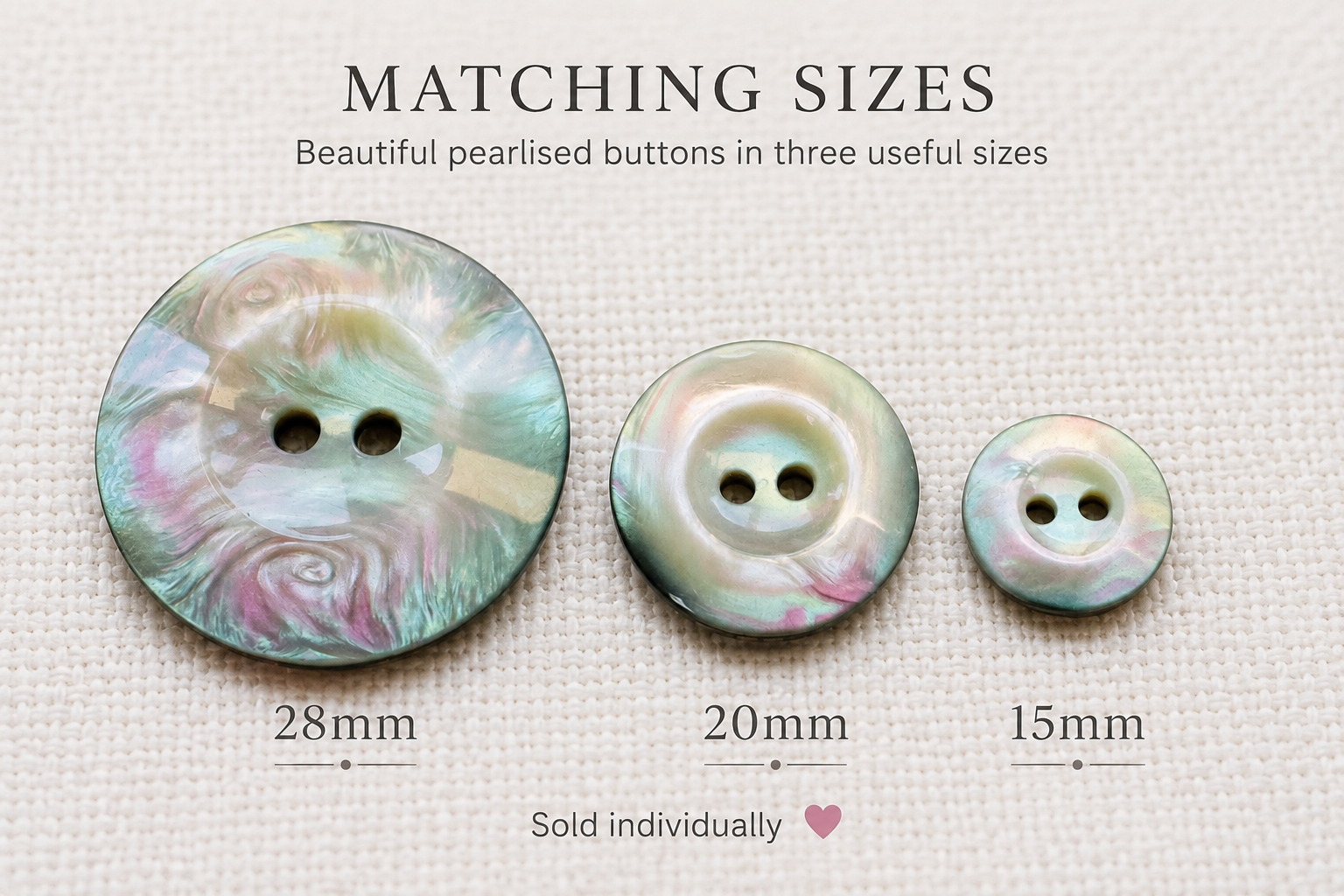 Pearlised Cream, Green & Pink Two-Hole Buttons – 15mm, 20mm & 28mm