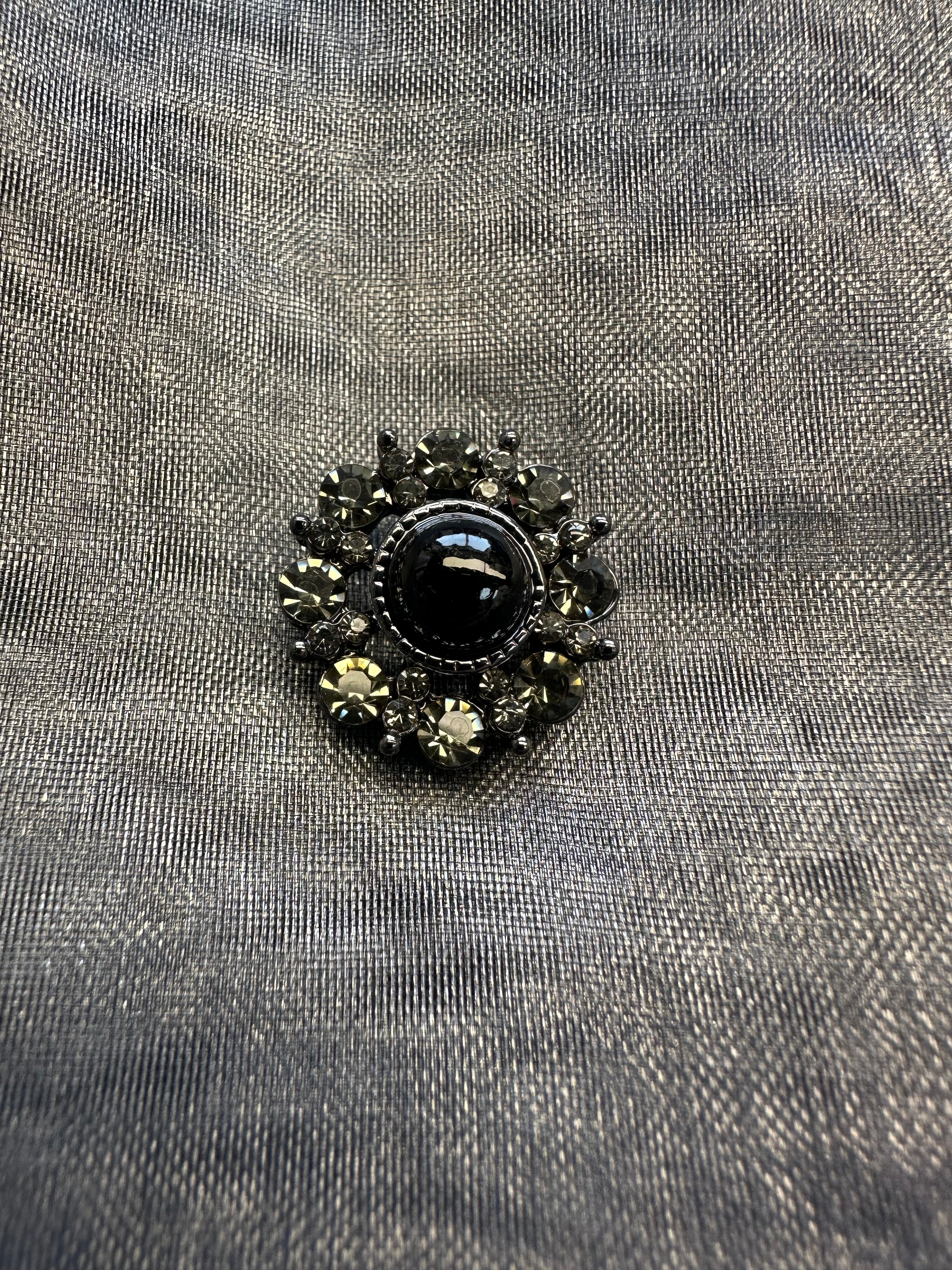 Grey Rhinestone Shank Button – 18mm (28L / 11/16”) – Gunmetal & Black Cabochon – Sold Individually