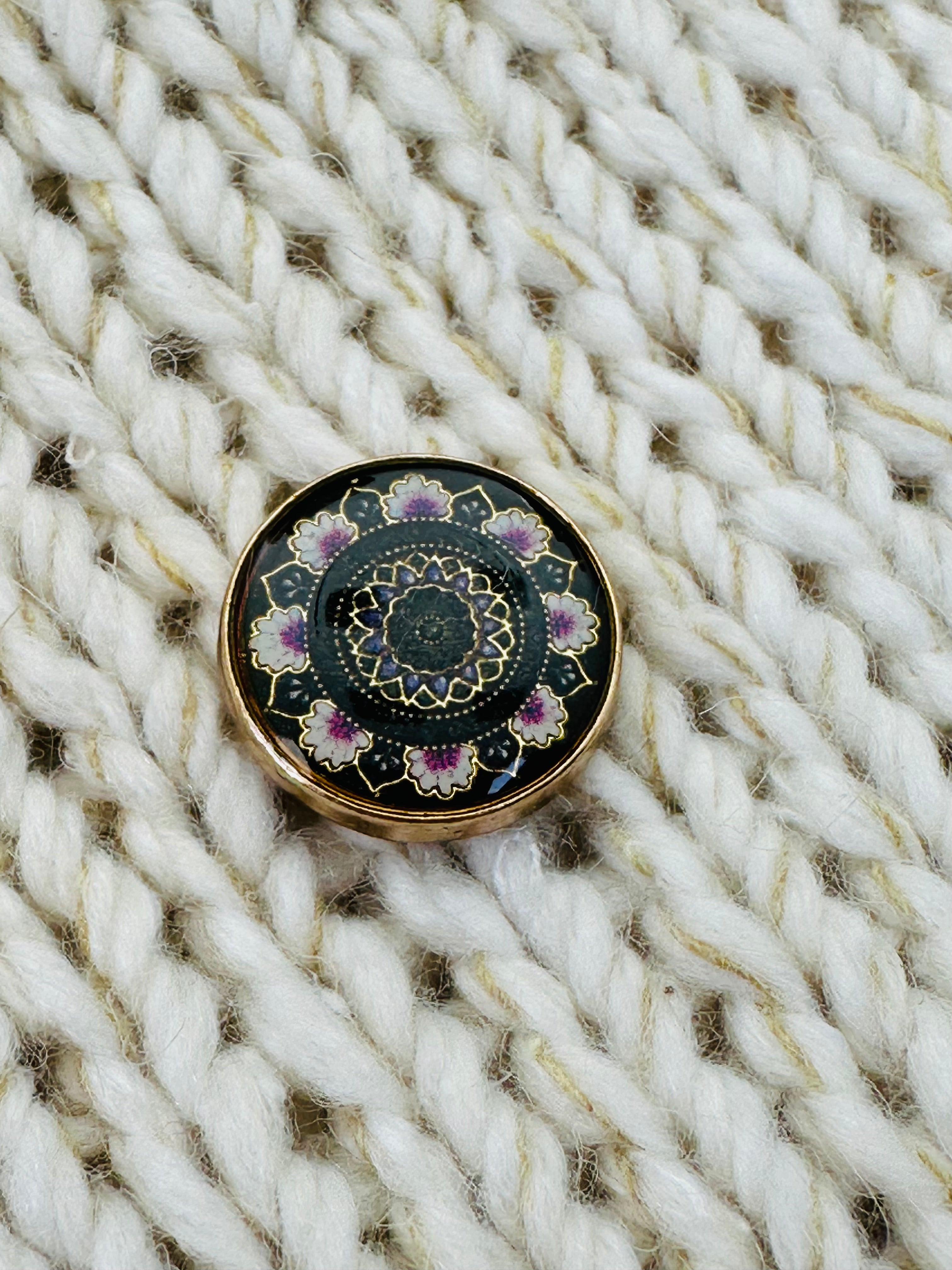 18mm Black & Gold Mandala Oil Drop Enamel Metal Button sold individually