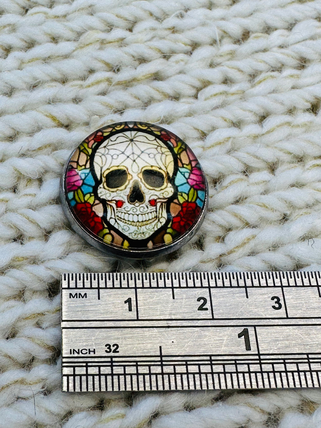 Floral Skull Glass & Metal Button – 22mm