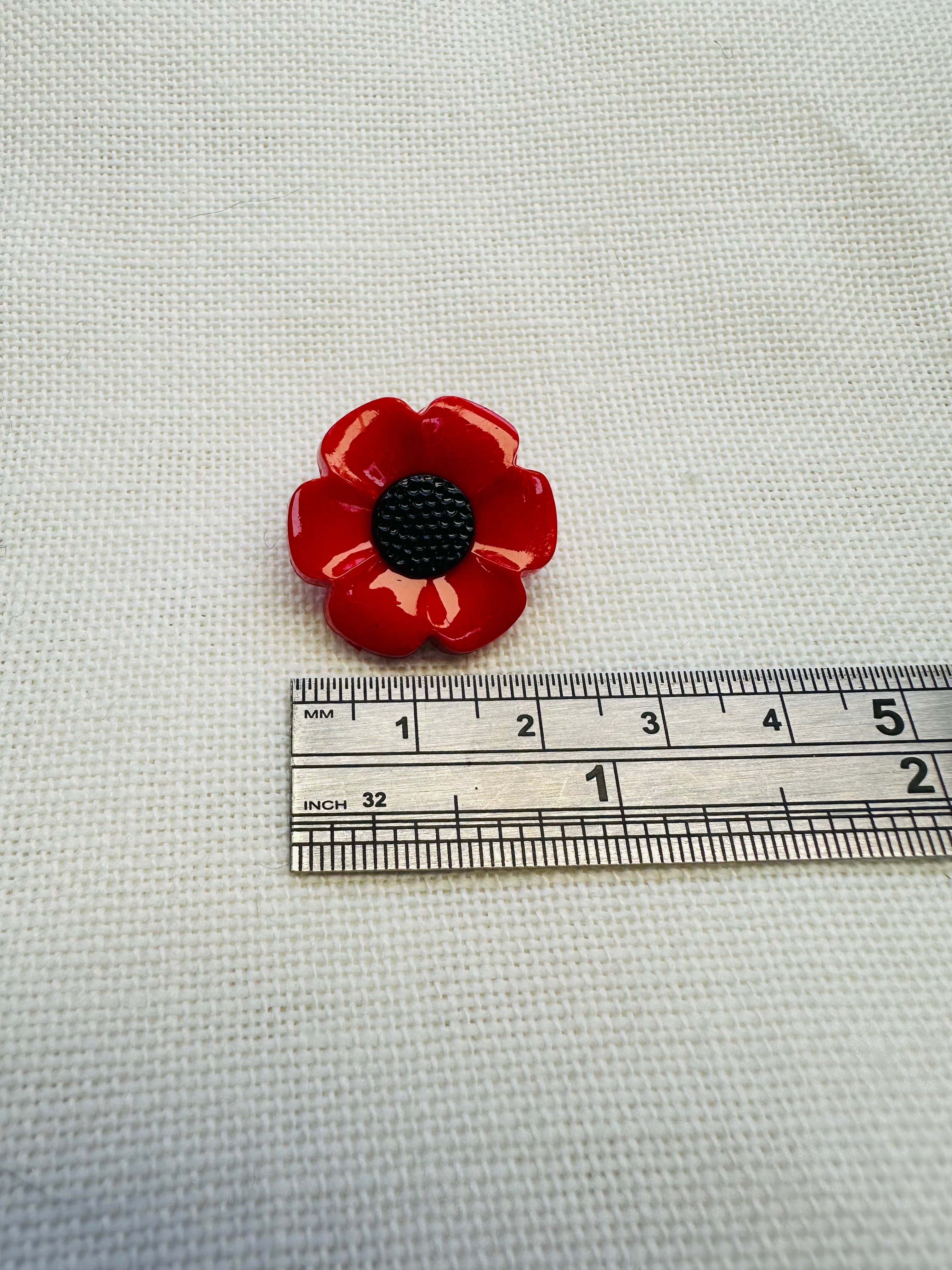 23mm Red Poppy Flower Button – Black Centre – Sold Individually