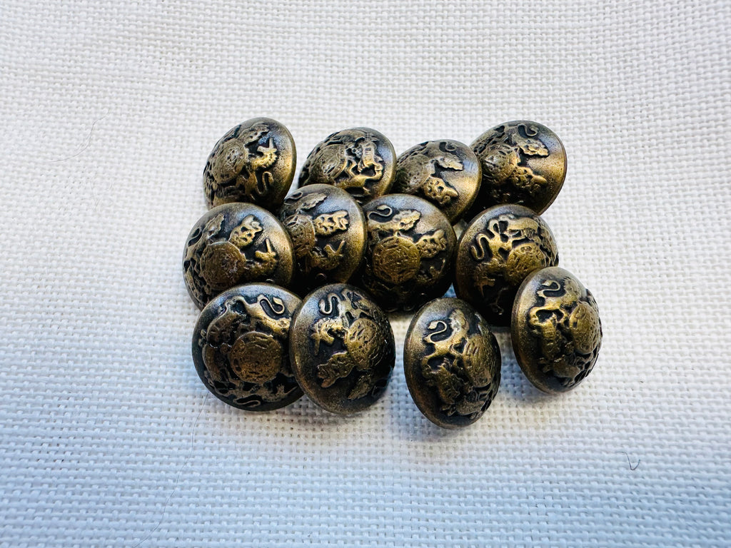 Antiqued Brass Metal Buttons – 15mm Decorative Design – Pack of 12