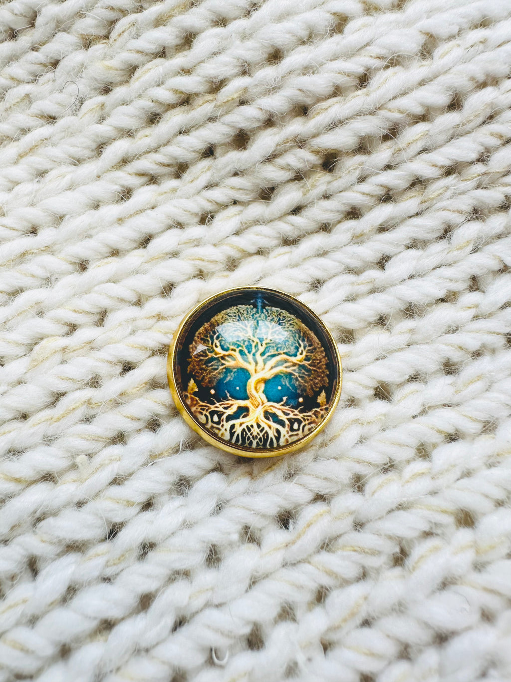 Tree of Life Glass & Metal Button 22mm – Blue & Gold – Shank Back – Sold Individually