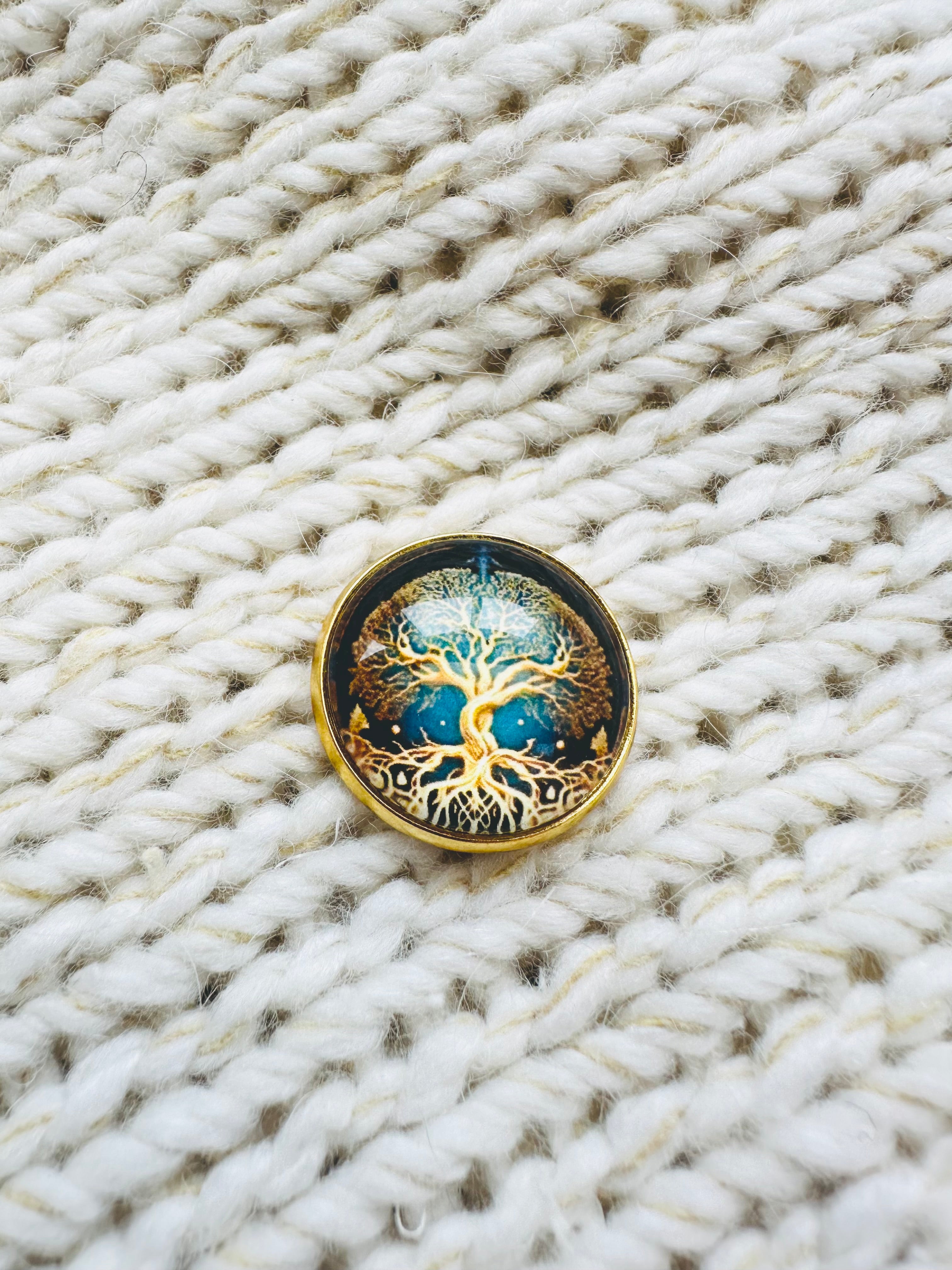 Tree of Life Glass & Metal Button 22mm – Blue & Gold – Shank Back – Sold Individually
