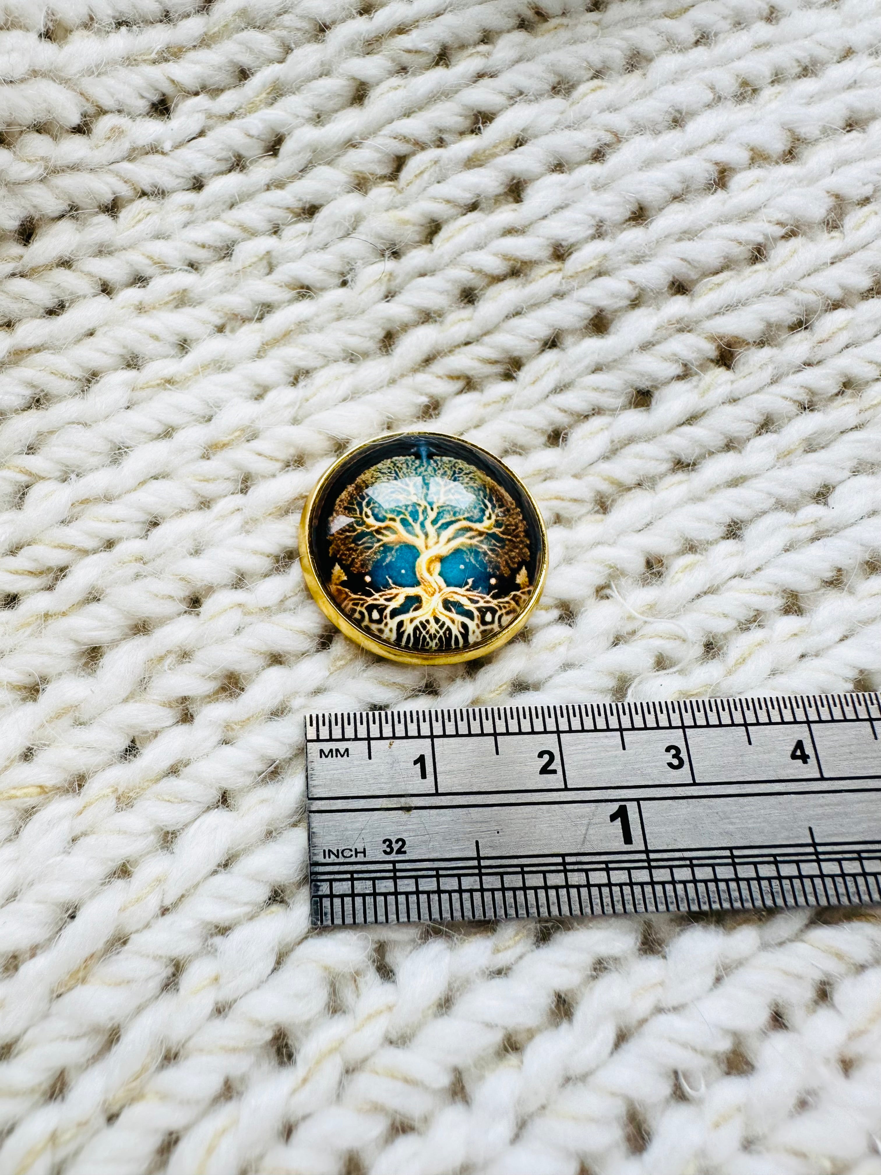 Tree of Life Glass & Metal Button 22mm – Blue & Gold – Shank Back – Sold Individually