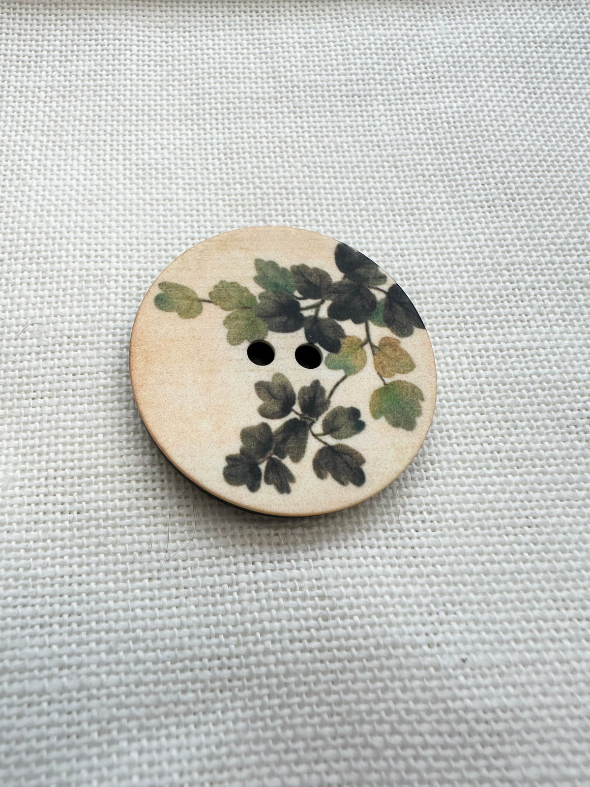 Large Botanical Leaf Button – Cream, Green & Charcoal – 35mm