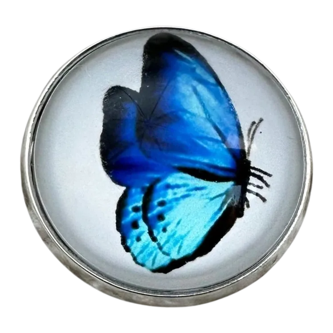 Blue Butterfly Glass & Metal Button 22mm – Domed Picture Button