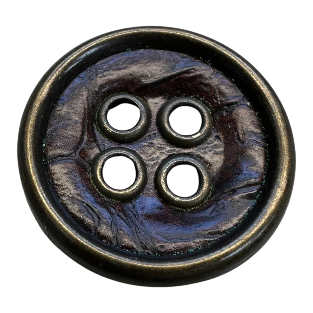 Faux Brown Leather Effect Button 29mm – Bronze Tone Border – Sold Individually