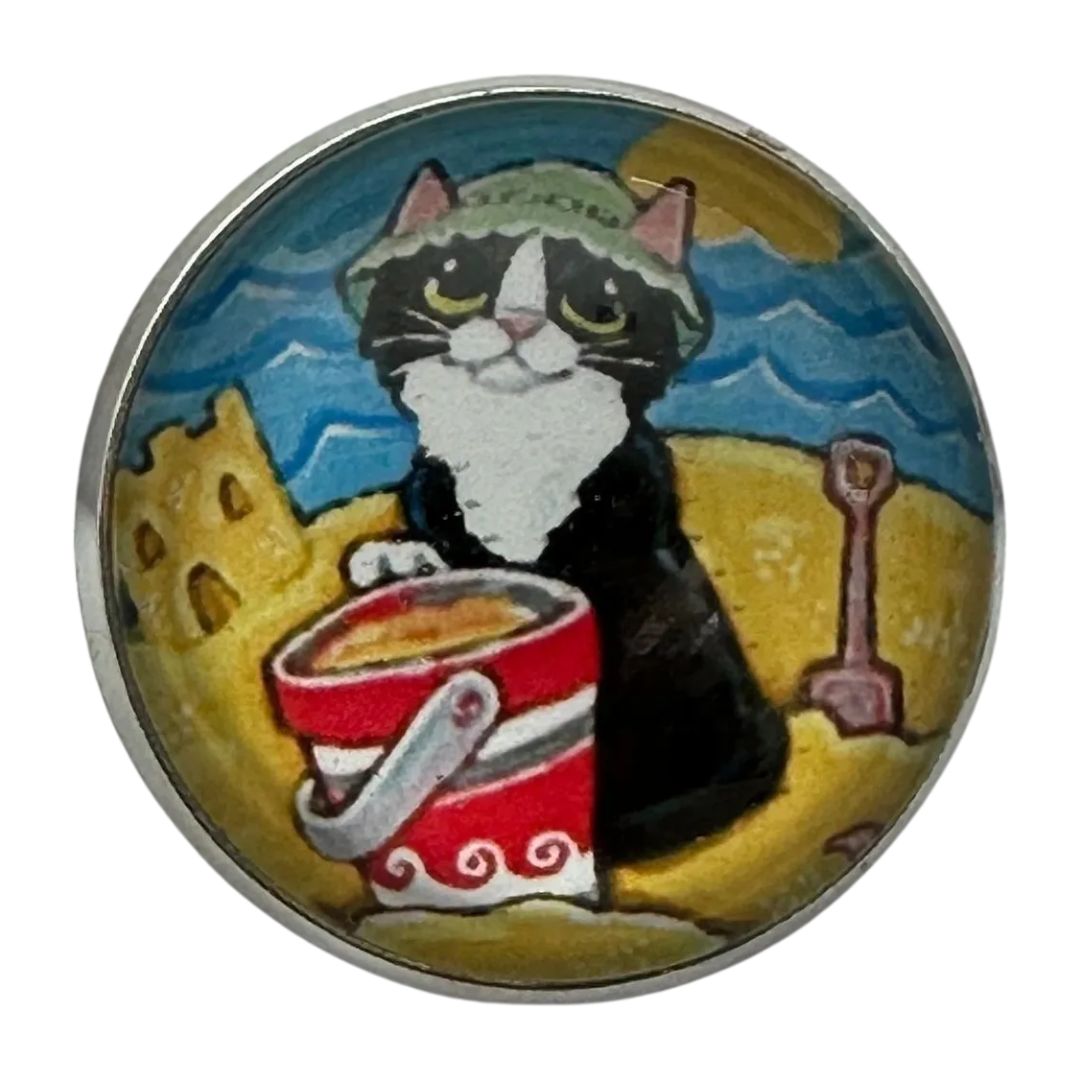 Sandcastle cat button 22mm glass and metal Cornish fun sold individually