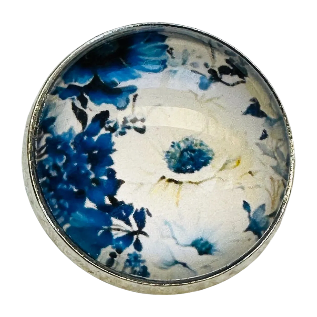 Blue Floral Glass & Metal Button – 22mm Designer Button – Sold Individually
