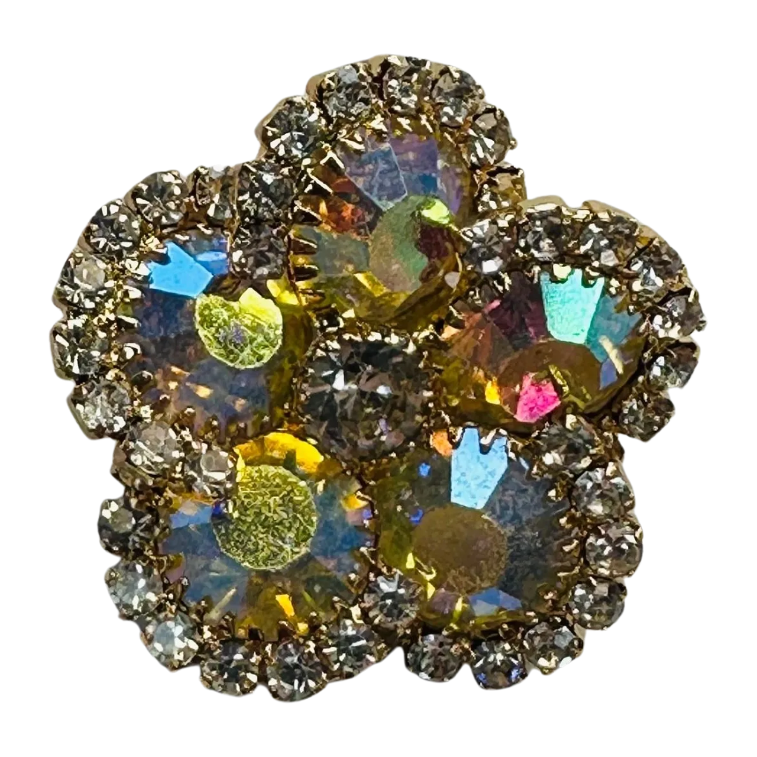 Rhinestone button 24mm multicoloured flower design set in gold-tone metal sold individually