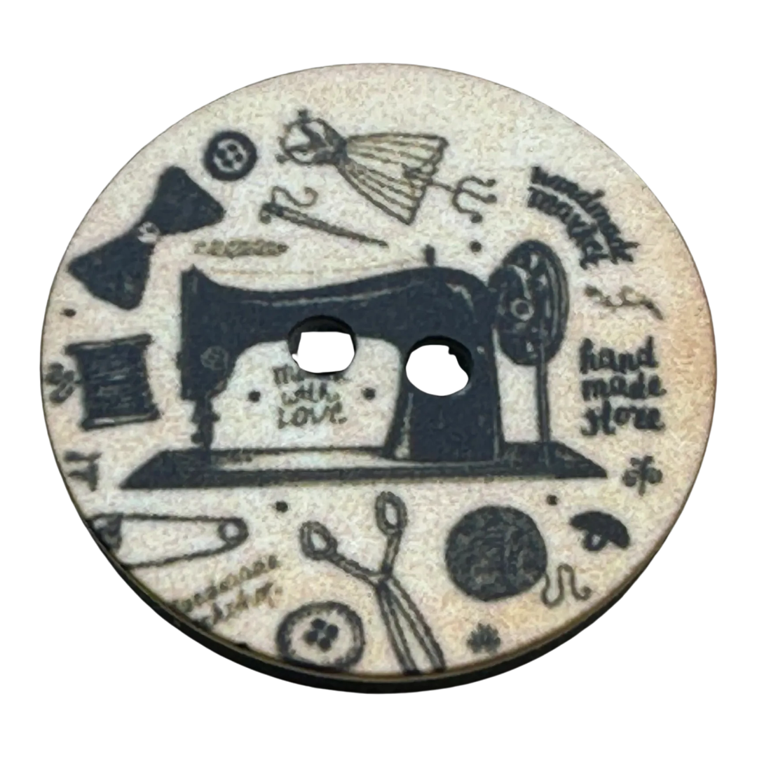 Sewing machine button 23mm black haberdashery design on sepia tone sold individually