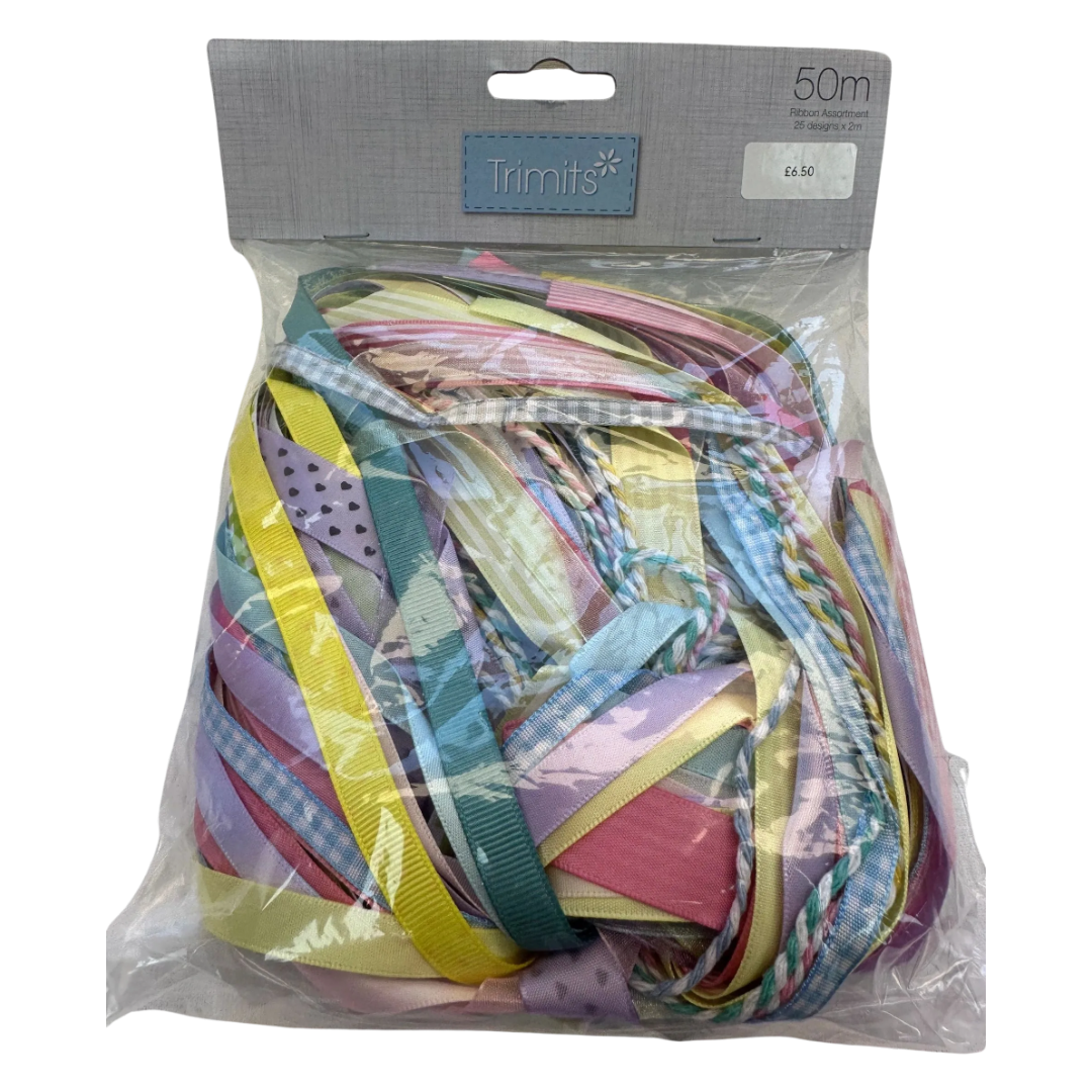 Pastel Ribbon Assortment 50m – 25 x 2m Lengths – Mixed Textures & Colours