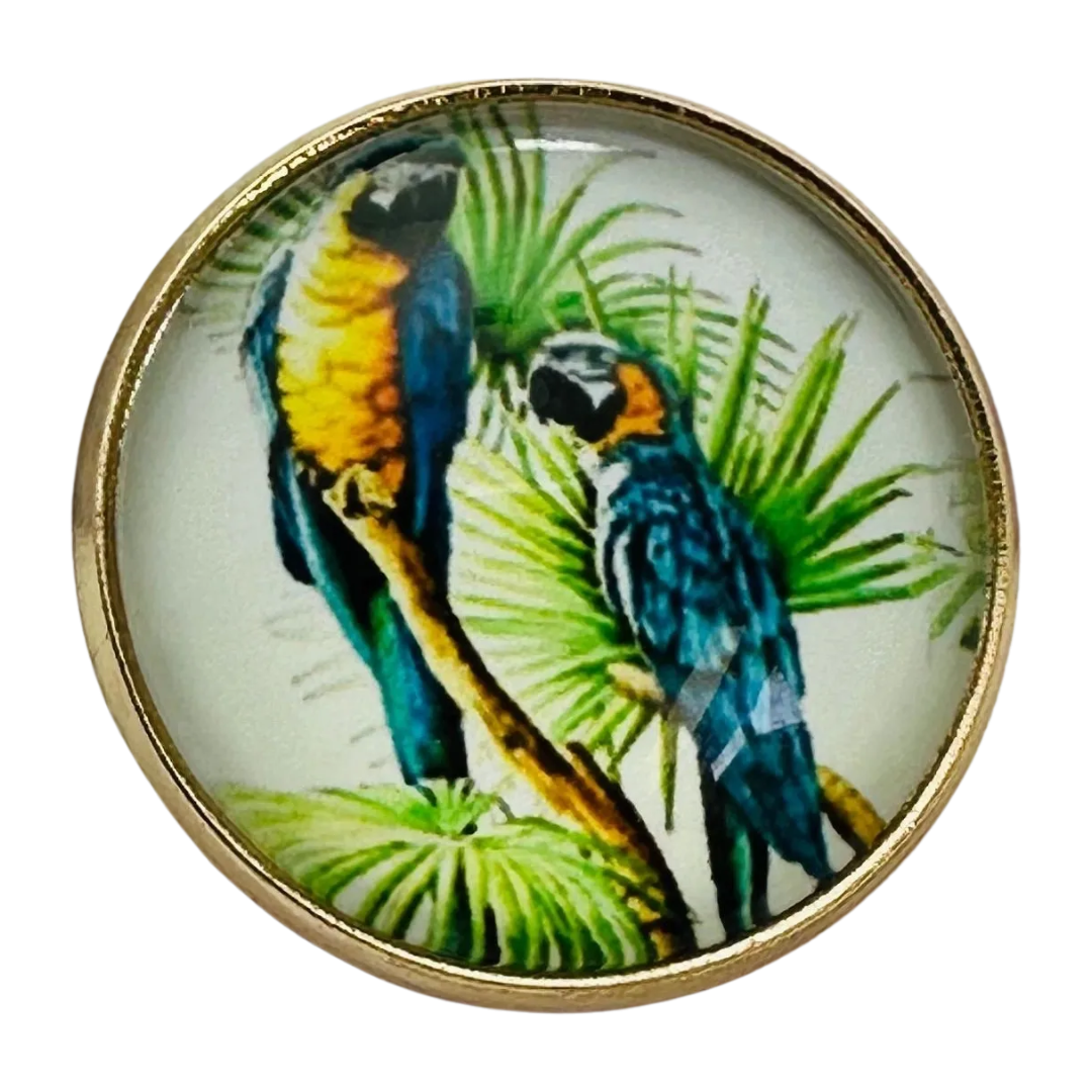 Parrot Glass & Metal Button 22mm – Tropical Bird Design – Sold Individually