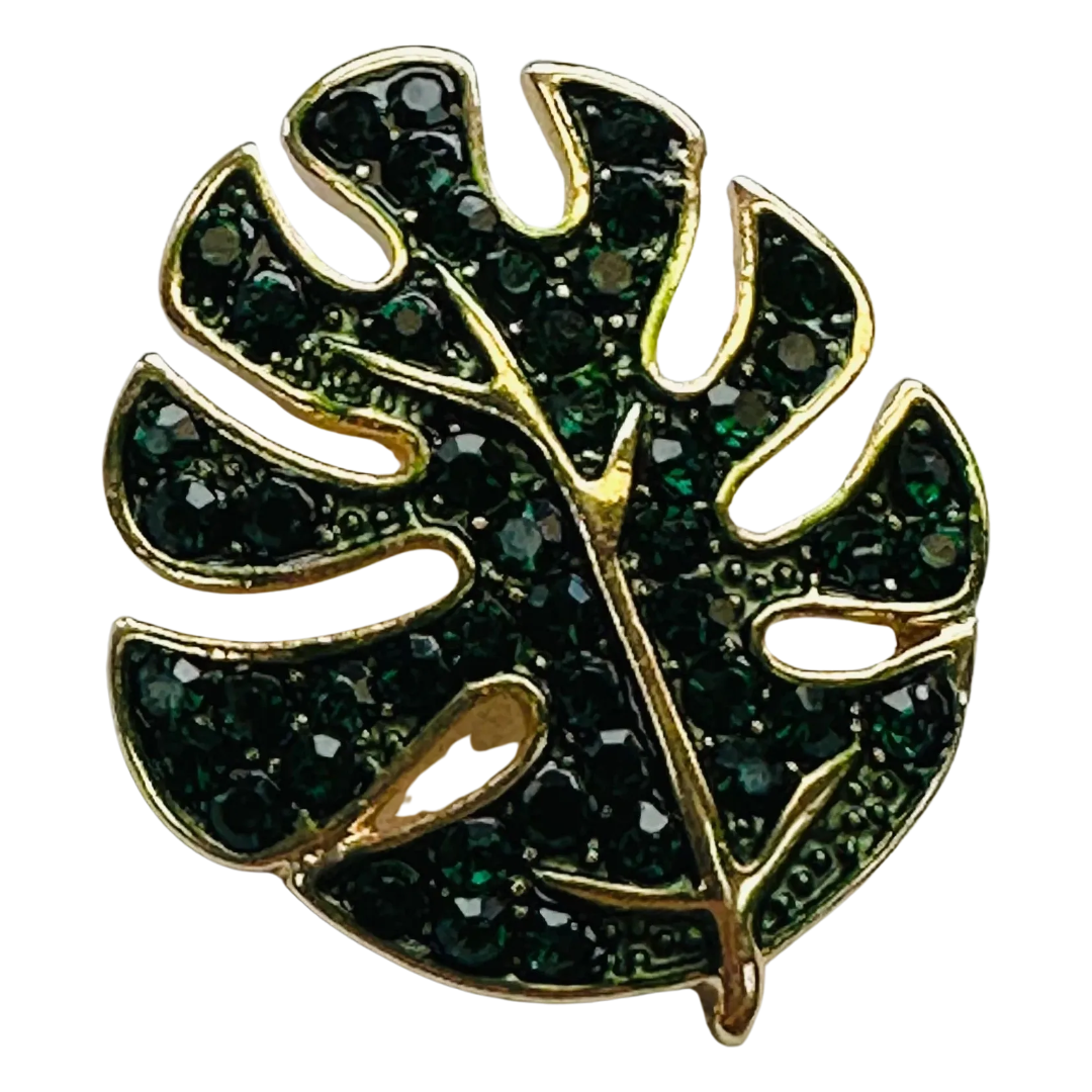 Rhinestone leaf button green and gold-tone 21 x 25mm sold individually