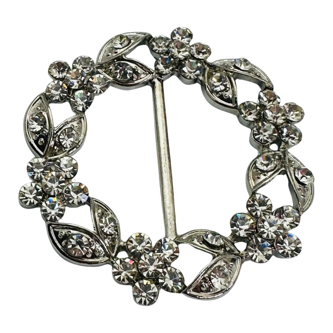Rhinestone Slide Buckle – Silver Tone Floral Design – 30mm
