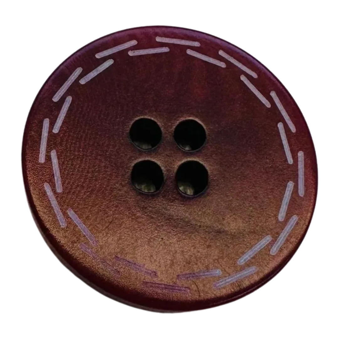 Corozo Button – 23mm – Burgundy Stitch Detail – Natural Vegetable Ivory Button