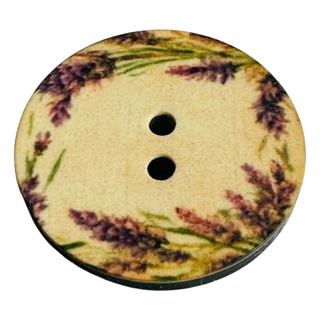 Lavender flower button 23mm purple and green on a beige background sold individually