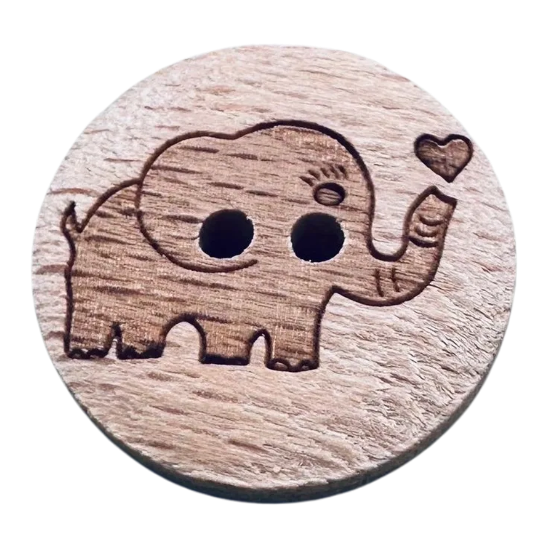 Elephant Wooden Button 18mm – Natural Engraved Design by Dill – Sold Individually