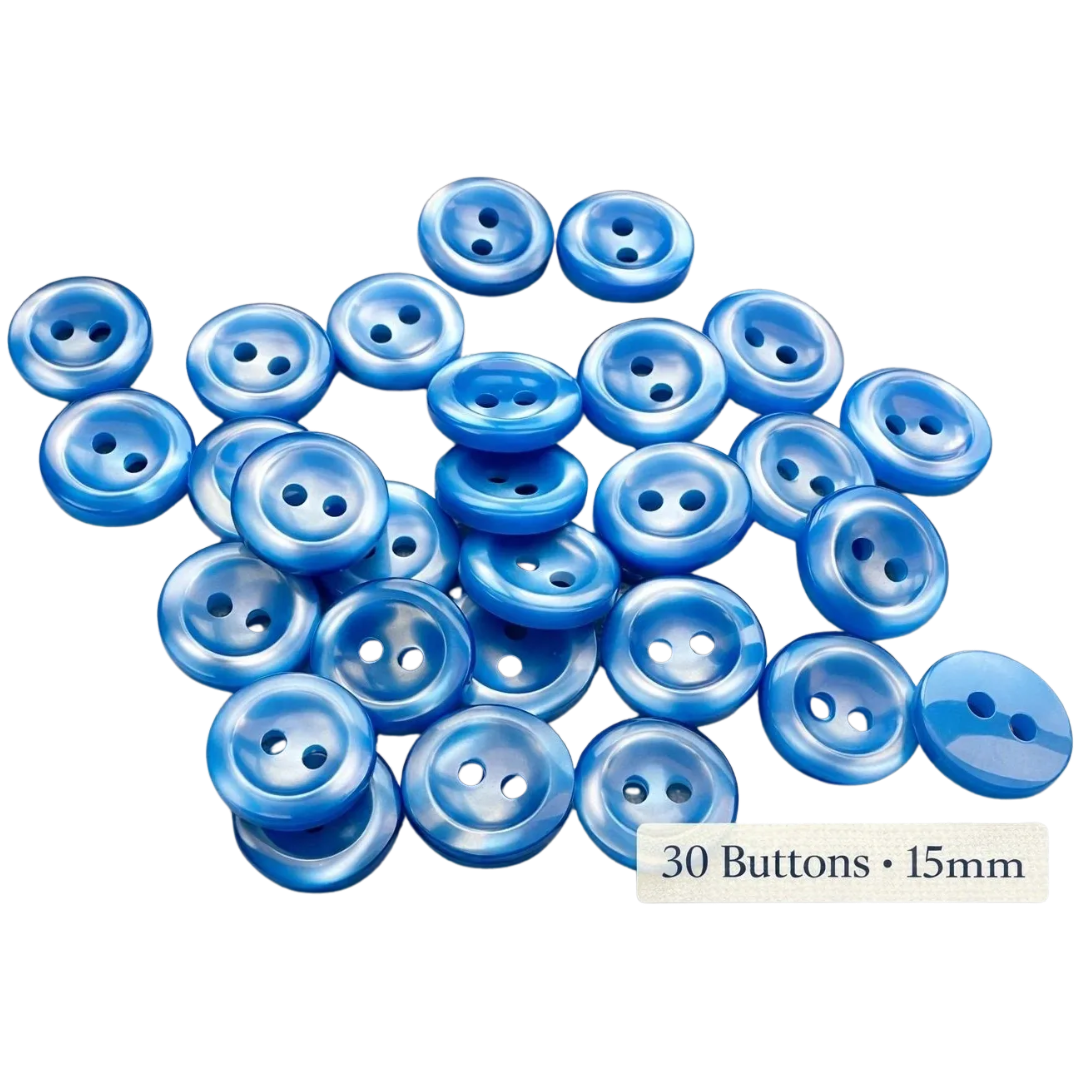 Blue Buttons – 15mm Two-Hole Sew-Through – Pack of 30