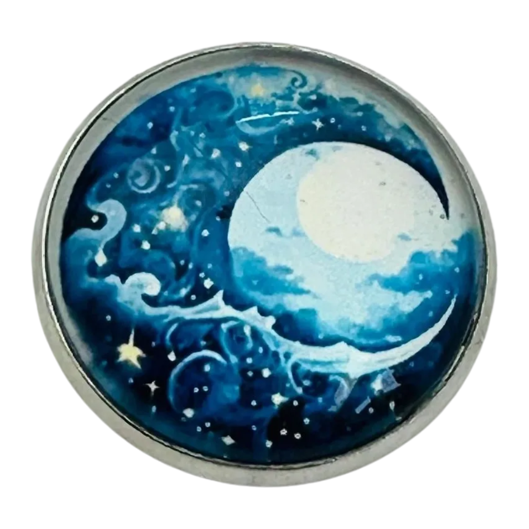 Moon button 22mm blue and silver-effect glass and metal sold individually