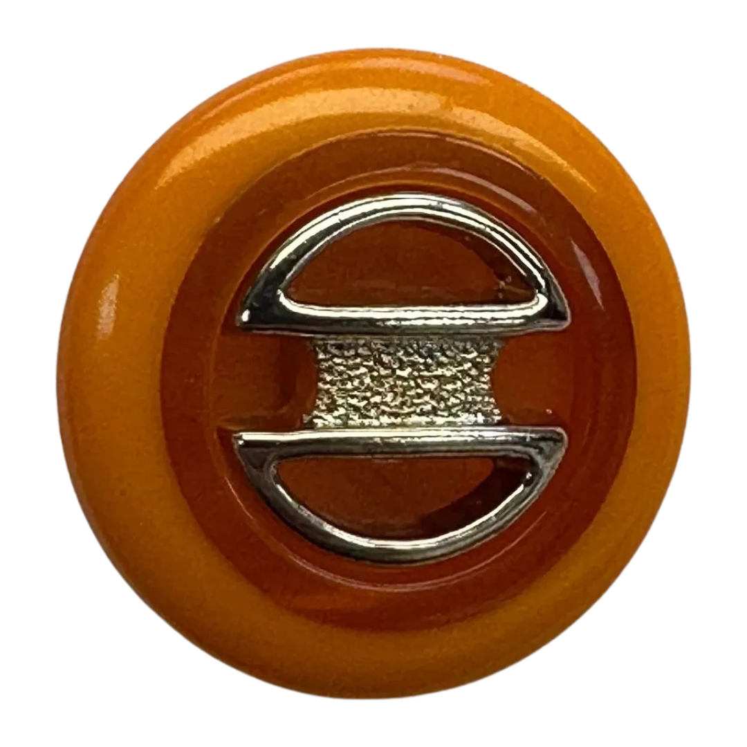 Orange button 21mm with silver-effect detail on a shank sold individually
