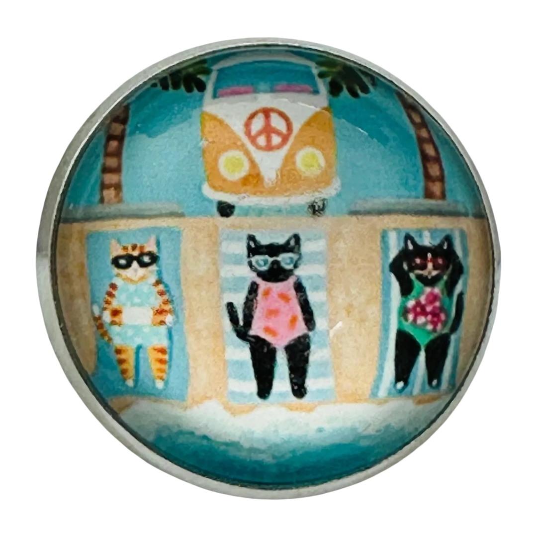 Campervan cats button 22mm Cornish beach fun in glass and metal sold individually