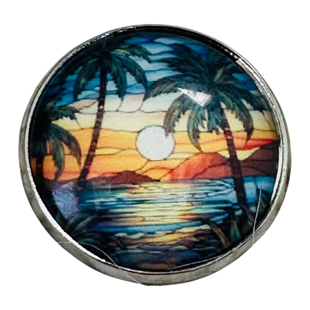 22mm Tropical Sunset Palm Tree Glass & Metal Button sold individually