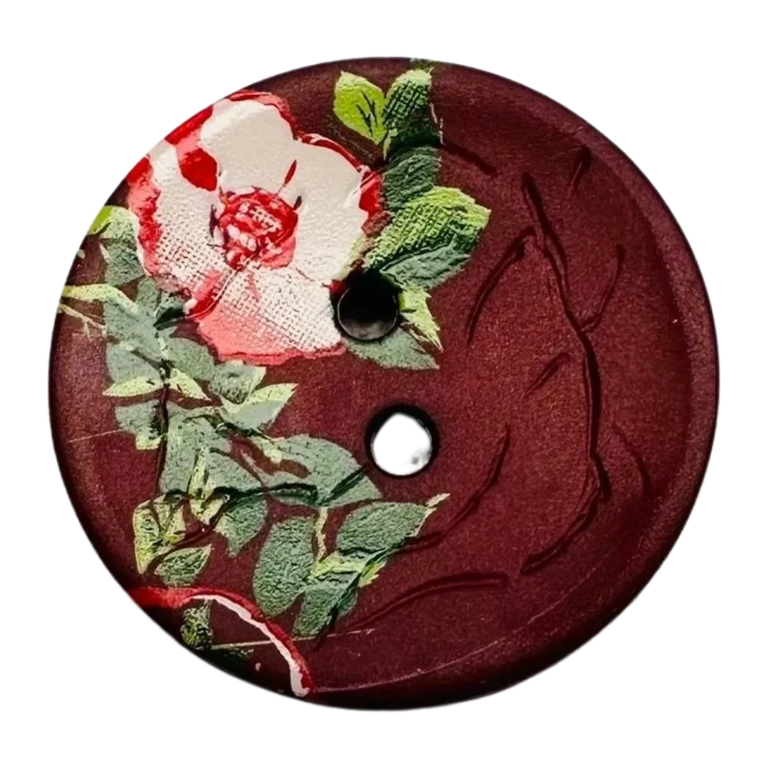 Floral Buttons 20mm – Burgundy Rose Design by Dill – Sold Individually