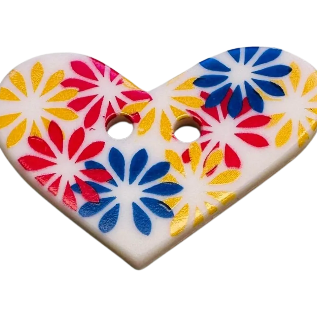 Heart Button Floral Design 25mm – Colourful Decorative Button – Sold Individually