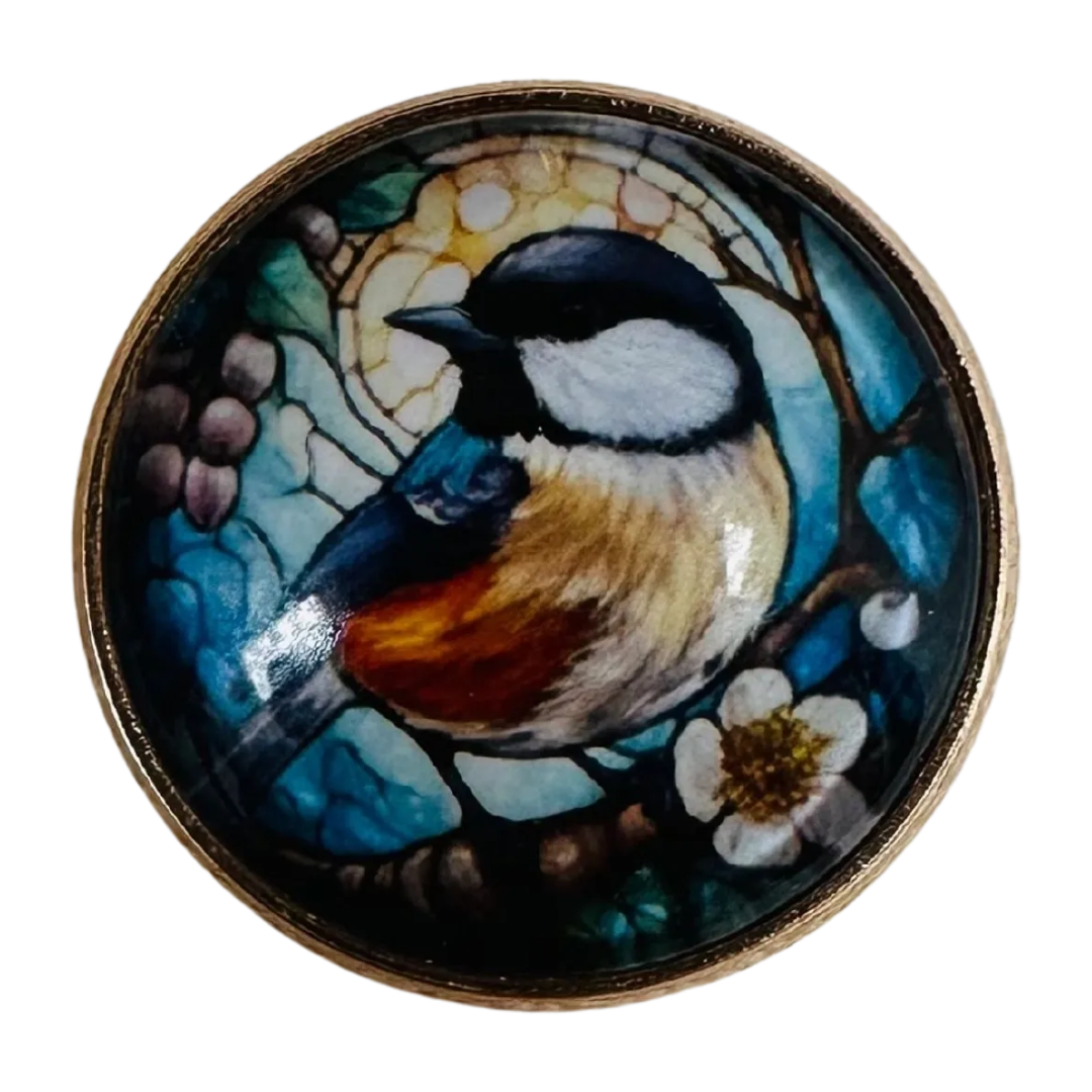 Bird Glass & Metal Button – 22mm Stained Glass Style Design – Sold Individually