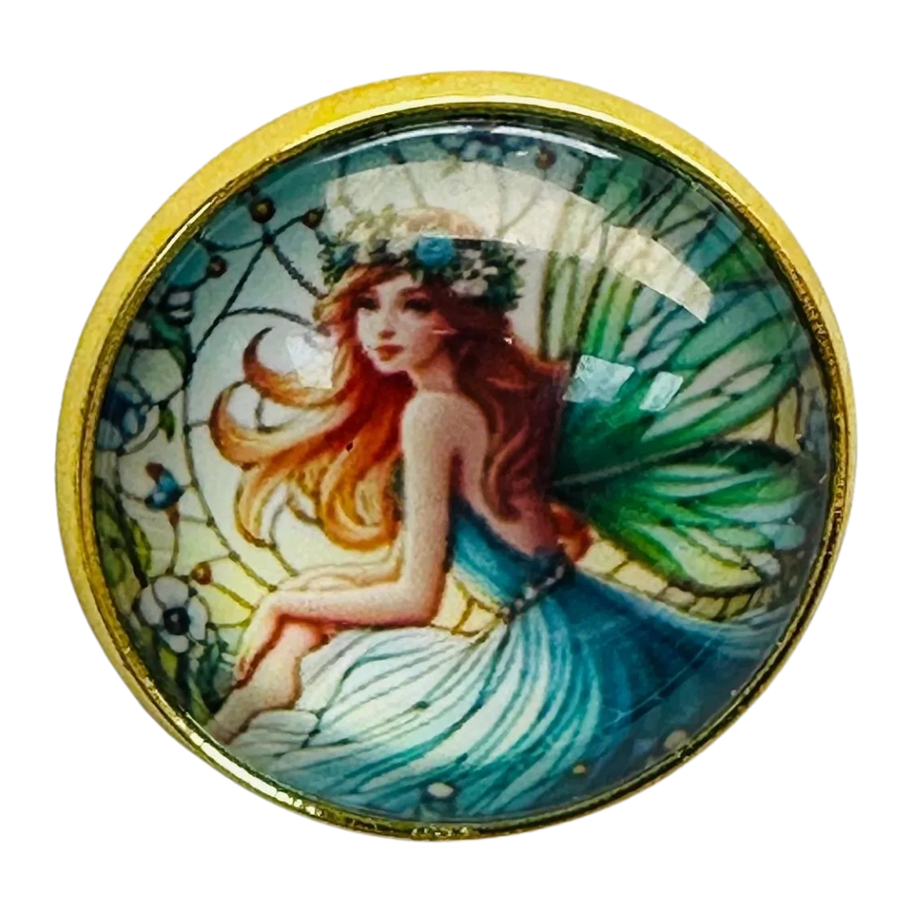 Fairy button 22mm beautiful blue shades set in gold tone metal with glass sold individuallyld