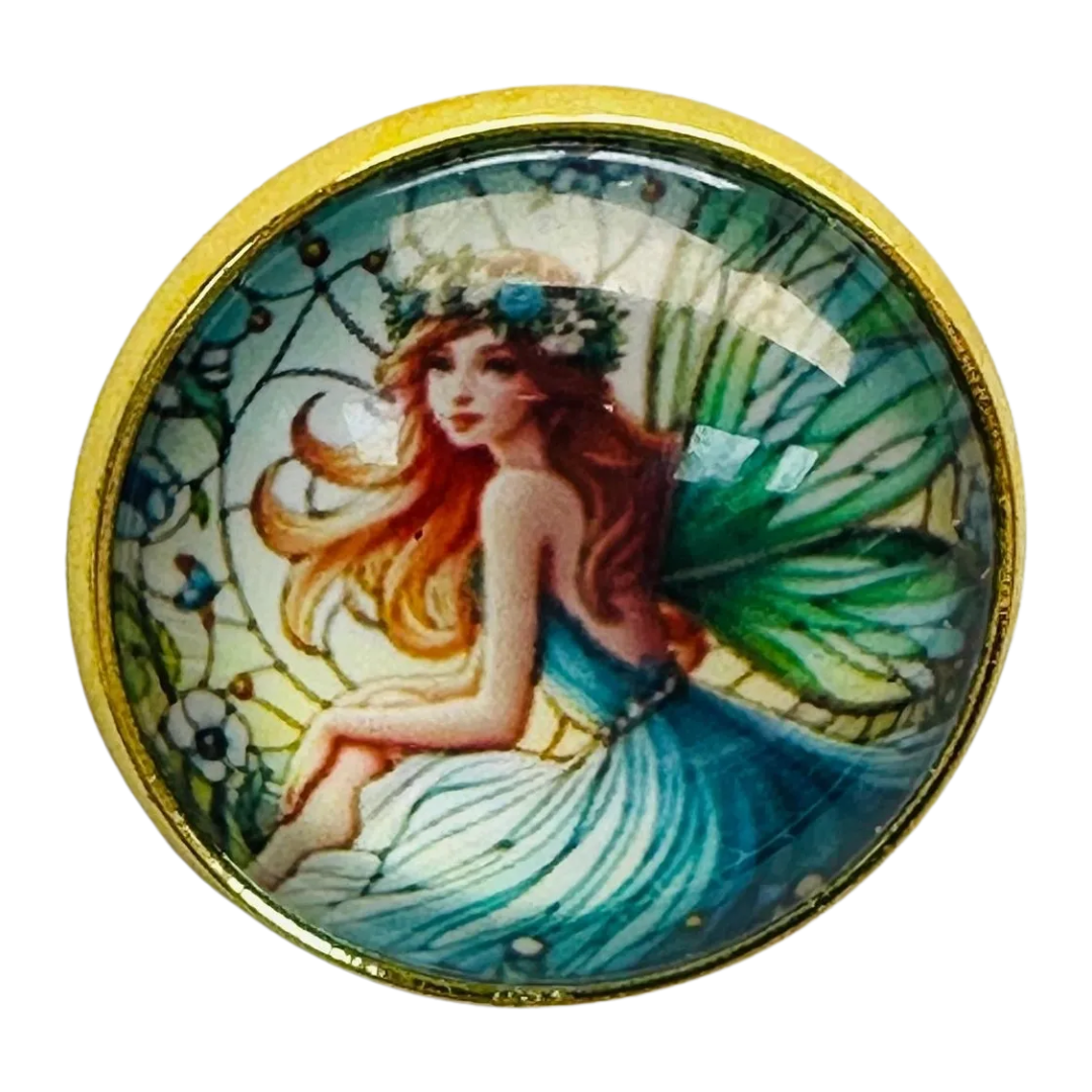 Fairy button 22mm beautiful blue shades set in gold tone metal with glass sold individuallyld
