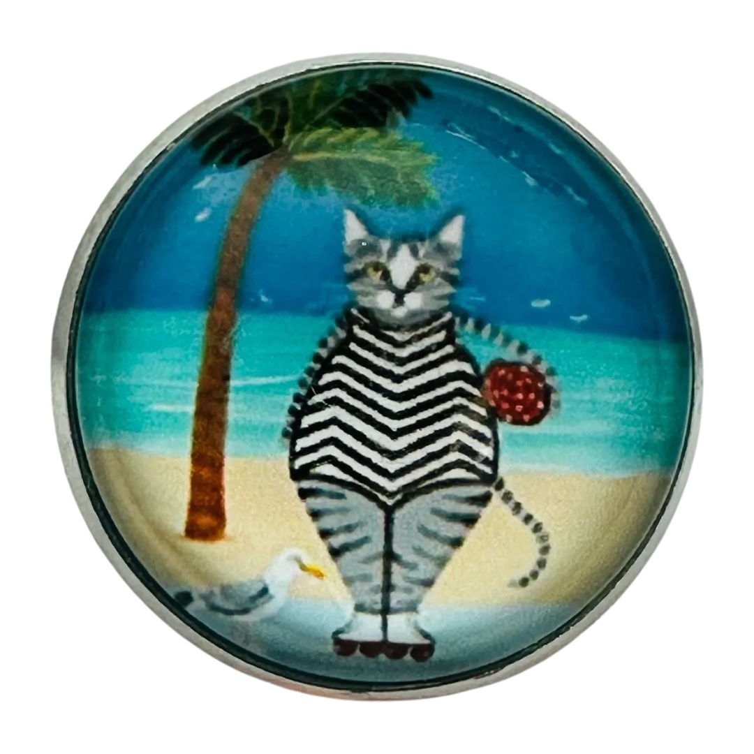 Roller skating cat at the beach button 22mm glass and metal Cornish fun sold individually