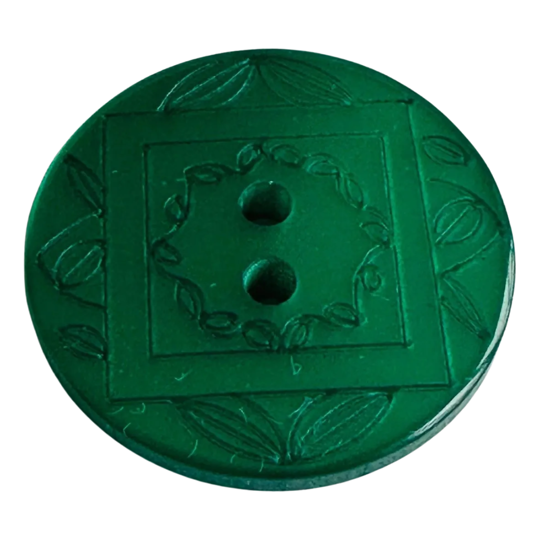 Green button 23mm pearlised etched leaf design sold individually