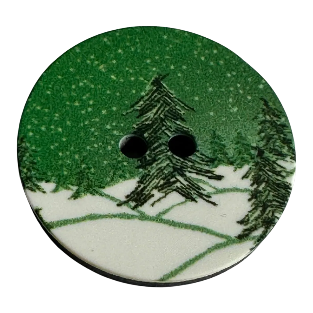 Christmas button 23mm landscape tree design sold individually
