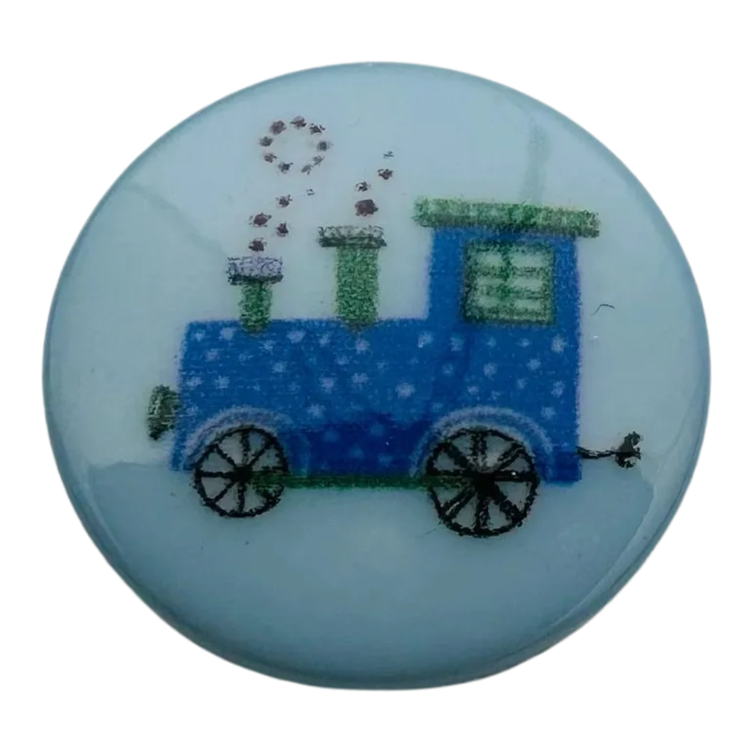 Blue Train Button – 15mm Flat Shank Novelty Button – Sold Individually