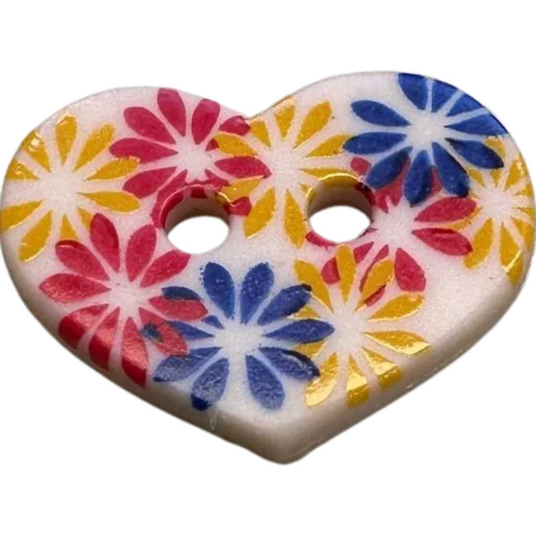 Heart Button Floral Design 15mm – Colourful Decorative Button – Sold Individually